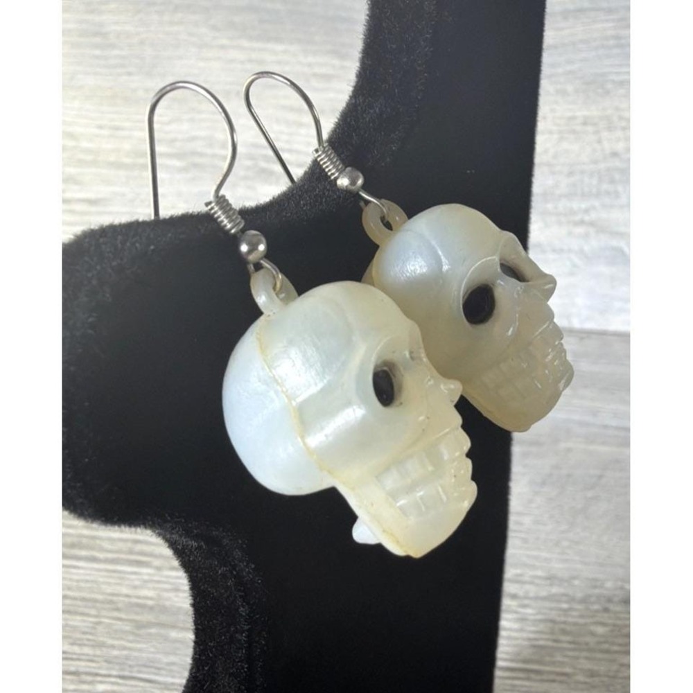 Vintage Skeleton Skull Blow Mold Plastic Earrings Halloween Spooky Pierced Ears